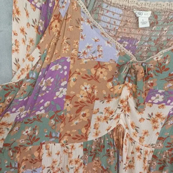 Cato Floral Patchwork Babydoll Boho Top L Milkmaid Smocked Cottagecore Peasant - Picture 4 of 11